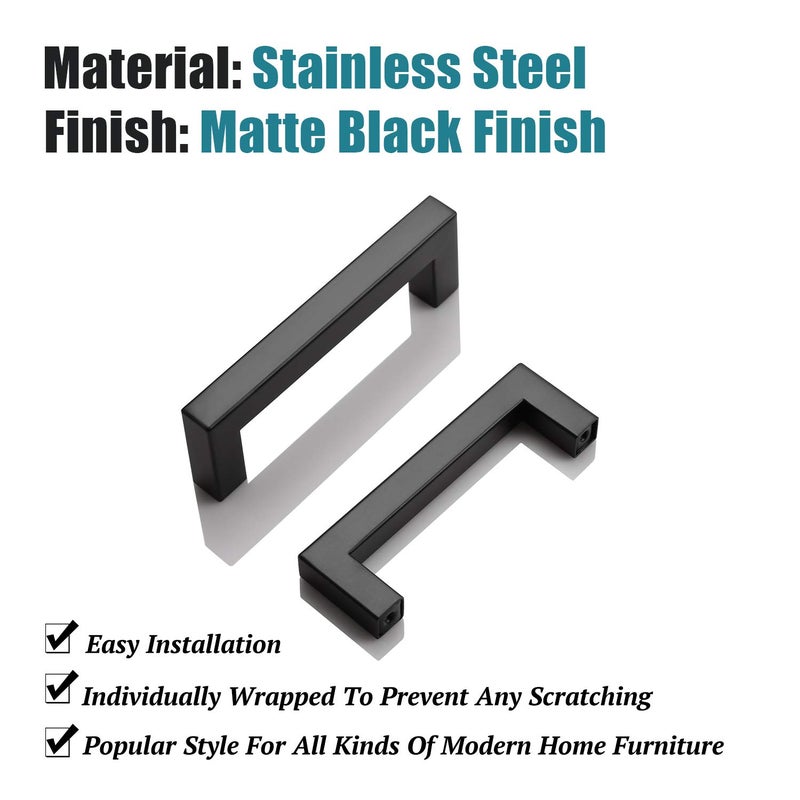 KNOBWELL 6 Pack Black Kitchen Cabinet Pulls, 3-3/4 inch Hole Center Black Square Stainless Steel Dresser Drawer Pulls 4-1/5" Length - Image 5